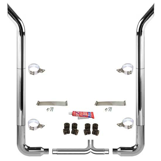 BESTfit 8-5 X 102 Inch Chrome Exhaust Kit W/  Bull Hauler Turn Top Stack  Long 90S & Chrome Tapered Y-Pipe 5 Inch Taper Lock Chrome Tee Peterbilt (1987-2003) 52 Inch Quiet Spools Non-Unibilt