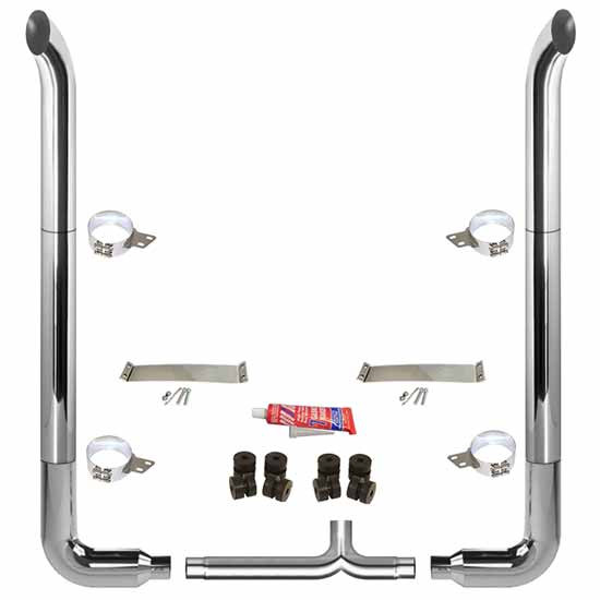 BESTfit 8-5 X 102 Inch Chrome Exhaust Kit W/  West Coast Turn Top Stack  Long 90S & Chrome Tapered Y-Pipe 5 Inch Taper Lock Chrome Tee Peterbilt (1987-2003) 52 Inch Quiet Spools Non-Unibilt
