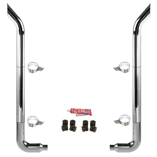 BESTfit 8-5 X 114 Inch Chrome Exhaust Kit W/  Bull Hauler Turn Top Stack  Long Drop Elbows No Tee Peterbilt (1987-2003) 52 Inch Quiet Spools Non-Unibilt