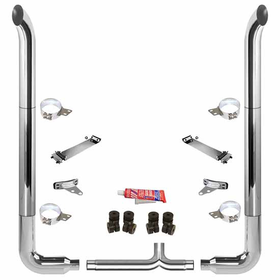 BESTfit 8-5 X 120 Inch Chrome Exhaust Kit W/  West Coast Turn Top Stack  Long 90S & Chrome Tapered Y-Pipe 8 Inch Taper Lock Chrome Tee Peterbilt (2005-Newer) 55 Inch Quiet Spools Unibilt