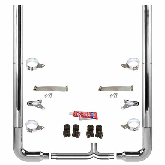 BESTfit 8-5 X 96 Inch Chrome Exhaust Kit W/  Flat Top Top Stack  Long 90S & Chrome Tapered Y-Pipe 5 Inch Taper Lock Chrome Tee Peterbilt (1987-2003) 52 Inch Quiet Spools Unibilt