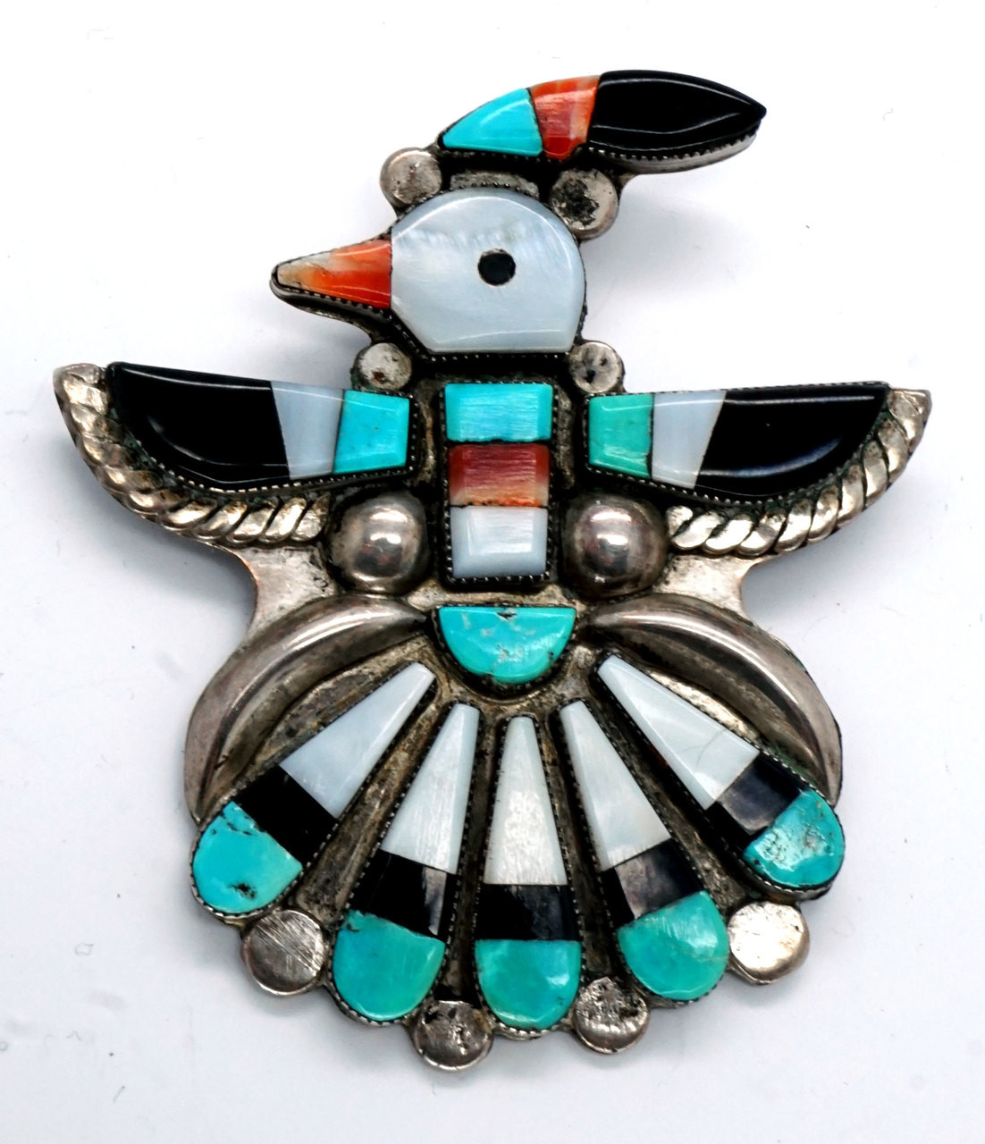 Vacit Zuni Pin Brooch Shell Turquoise Jet Sterling Silver Inlay Handmade  1950s