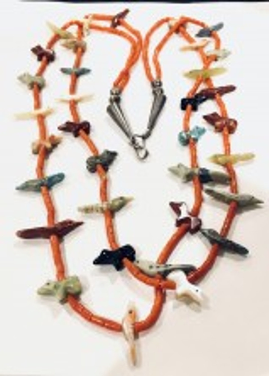 Vintage Zuni Fetish Necklace Coral Birds Bears George Chee Chee