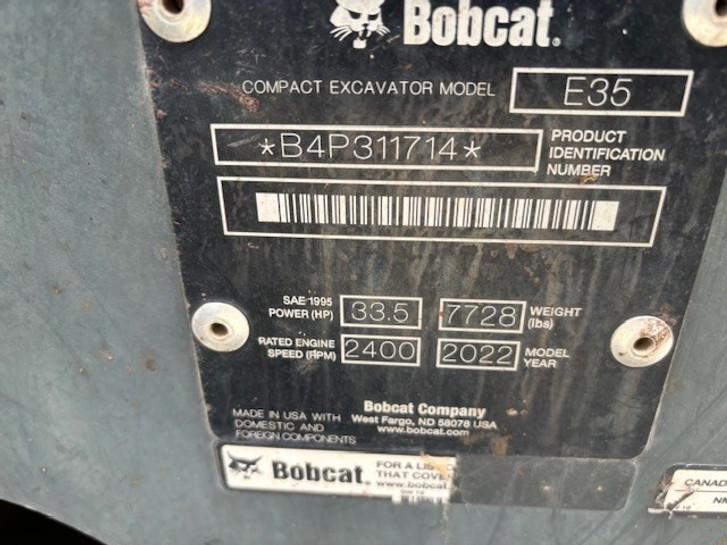 2022 Bobcat E35 Compact Excavator (33 hp)-DS11284