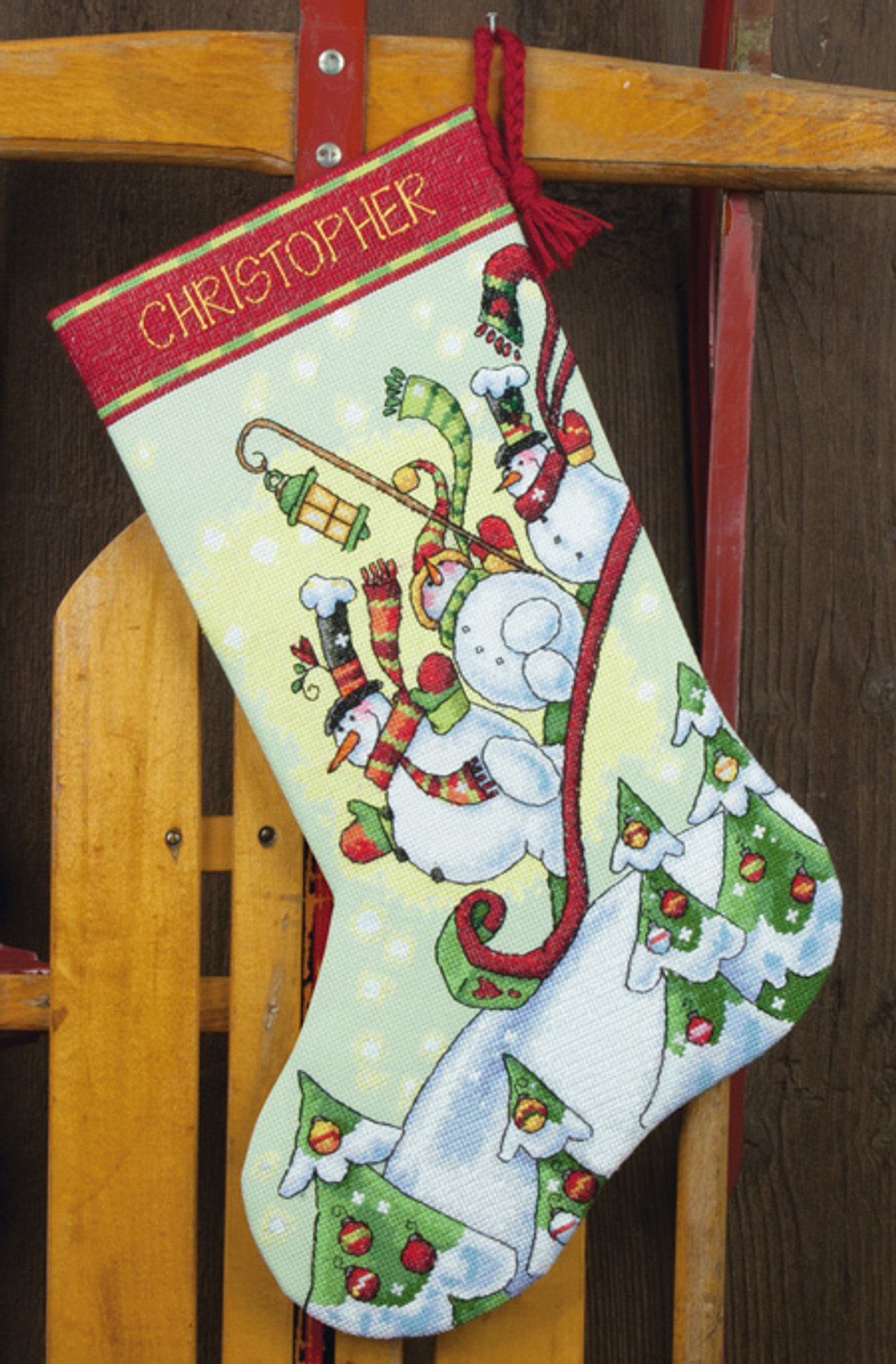 Sledding Snowmen Cross Stitch Christmas Stocking Kit