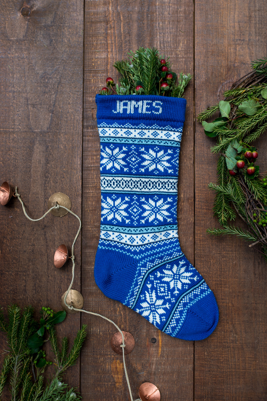 Personalized Wool Christmas Stocking Blue Nordic Snowflakes