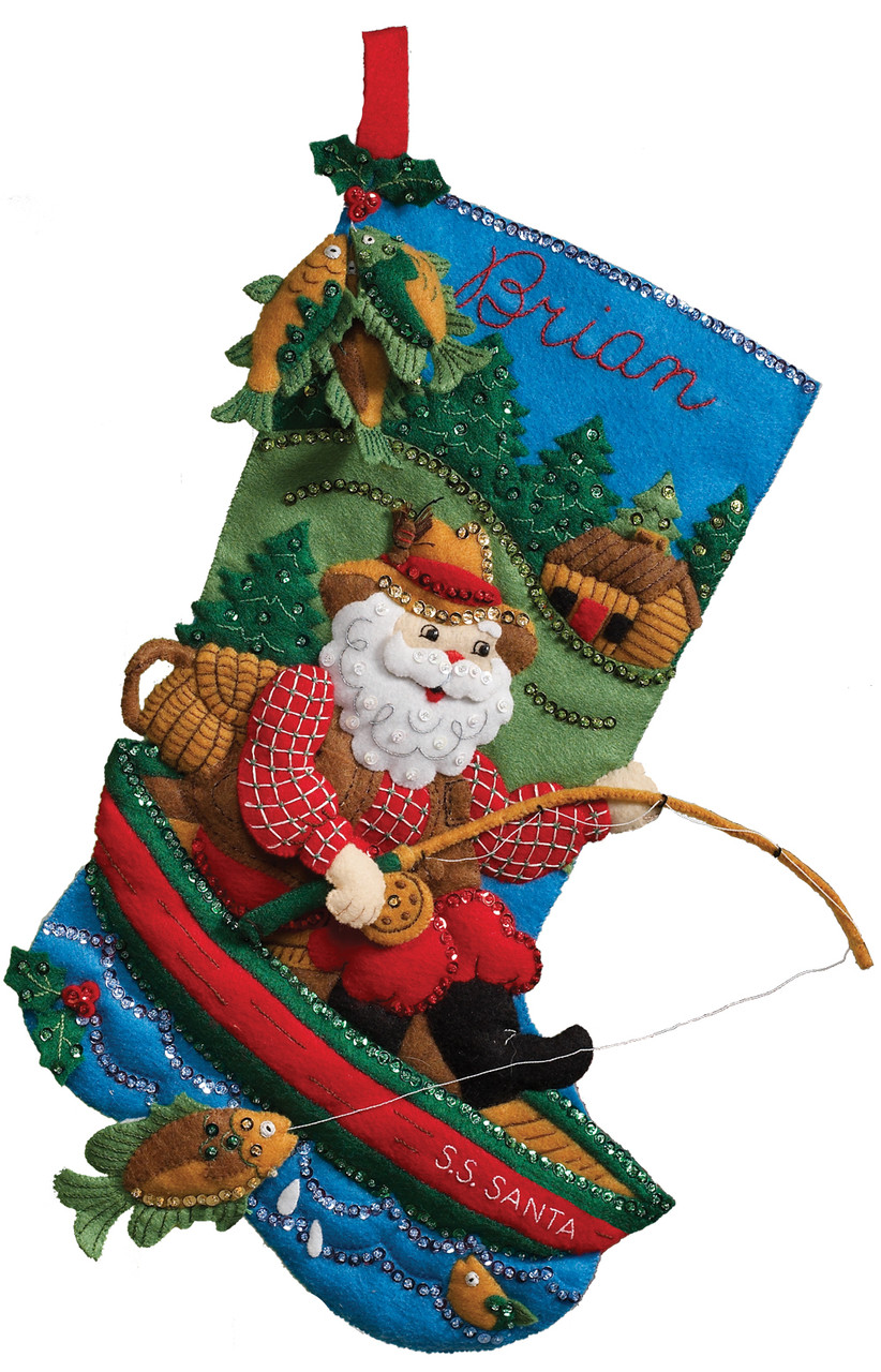 Bucilla FISHING SANTA Counted Cross Stitch Christmas Stocking Kit