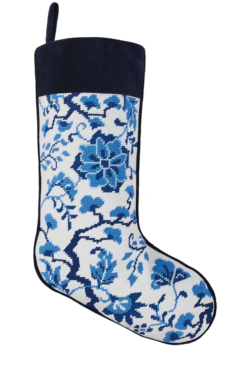Needlepoint Personalized Christmas Stocking: Blue Flowers