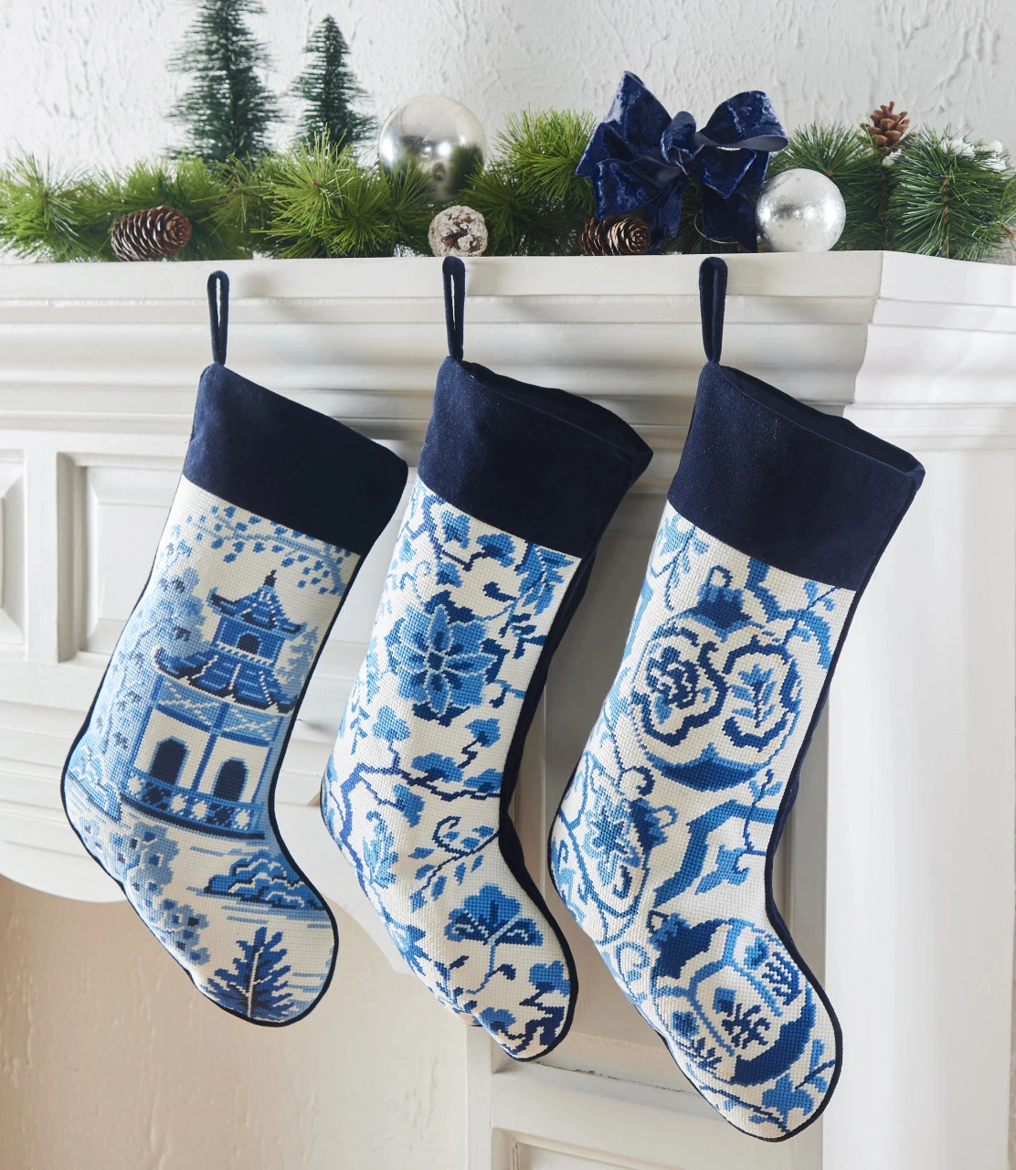 Needlepoint Personalized Christmas Stocking: Blue Flowers