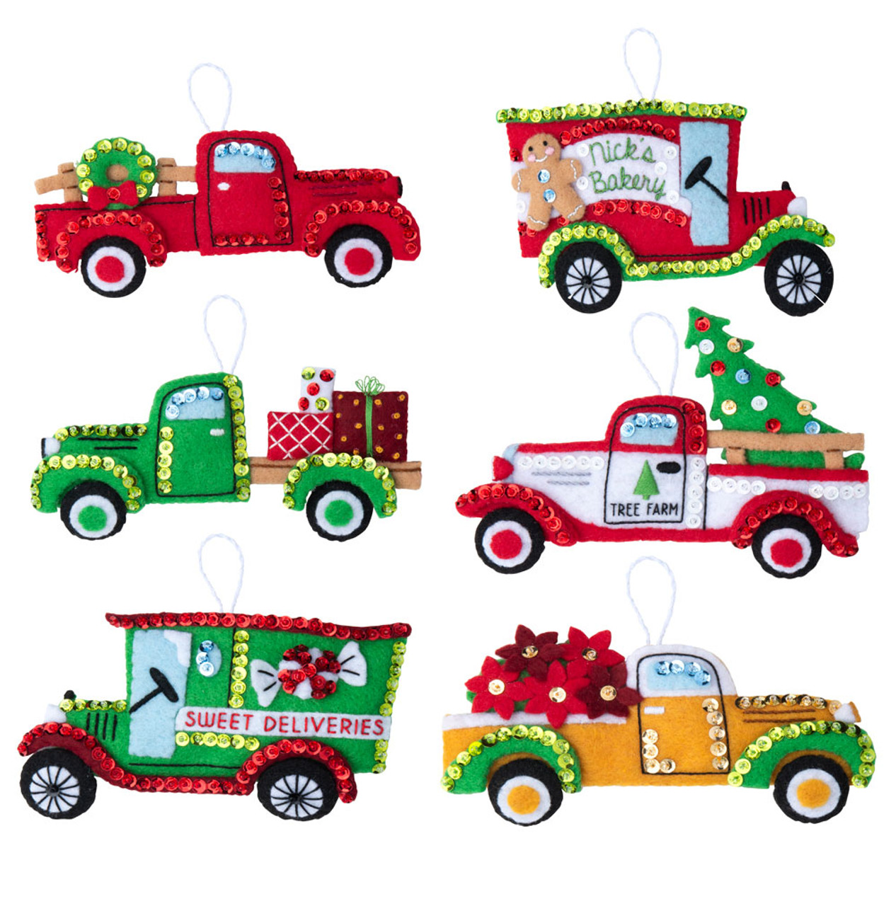Bucilla Felt Applique DIY Holiday Ornament Kit, Vintage Trucks, Set of 6 