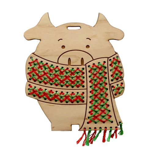 Wood and Floss Stitchable Ornament: Piglet in Scarf