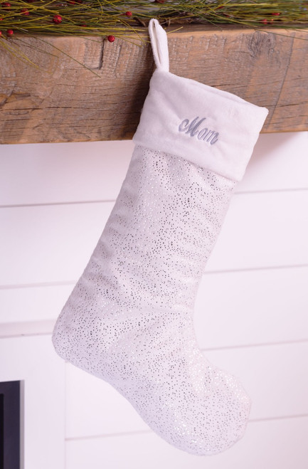 Plush & Glitter | White with Silver personalized Christmas stocking by MerryStockings made in the USA