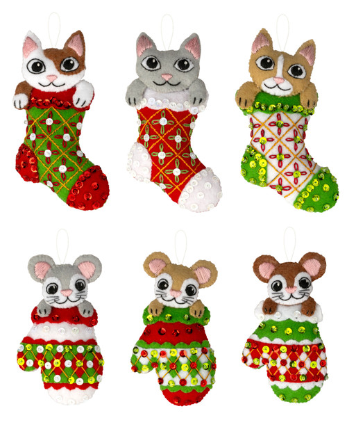 Paws and Whiskers felt Ornament kit from Bucilla, set of 6 full group