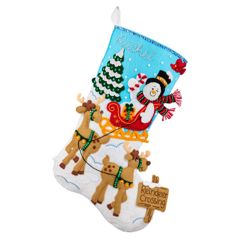Handmade felt Christmas stocking with reindeer, snowman, sleigh, and "Reindeer Crossing" sign available at MerryStockings