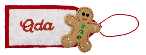 Satin stitch felt name tag with embroidered name and smiling gingerbread man with green sequin buttons
