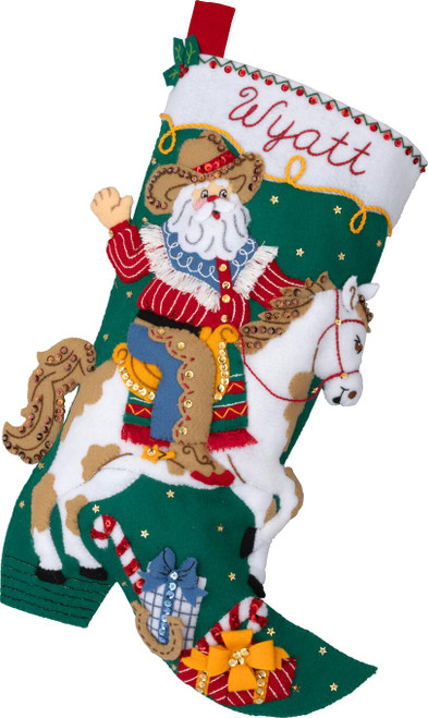 Bucilla Cowboy Santa Felt Stocking Kit featuring Santa on horseback with gifts and candy canes.