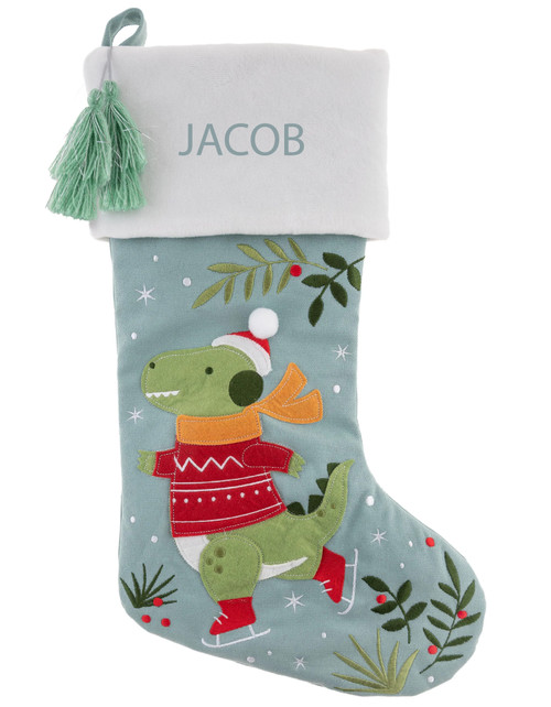 Kids Christmas stocking with ice-skating dinosaur and green tassel
