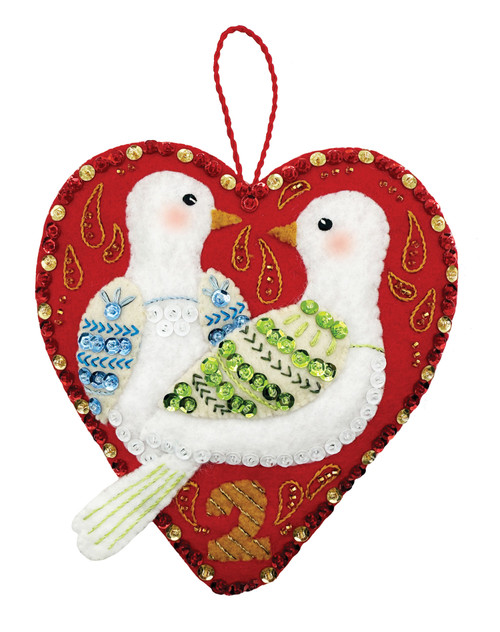 Two Turtle Doves felt ornament kit in a red heart shape with sequins, embroidery, and two white doves (12 Days of Christmas ornament #2)