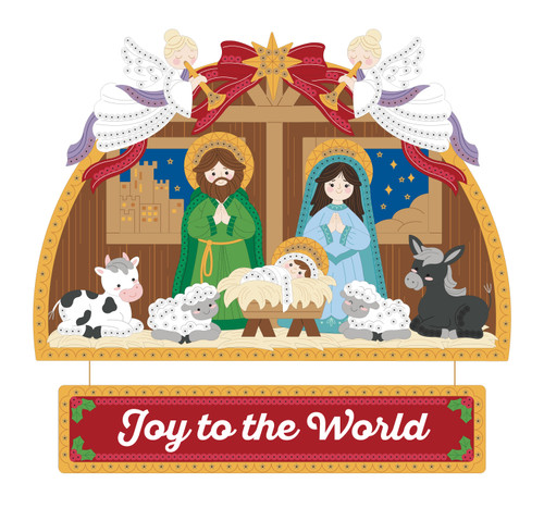 Joy to the World Nativity felt wall hanging kit featuring the Holy Family, angels, animals, and manger in an arched stable design