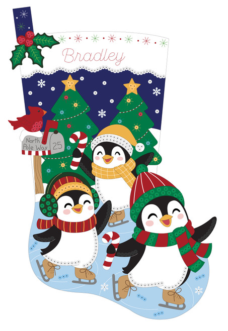 Skating Penguins personalized felt Christmas stocking kit with three penguins ice skating and decorated trees