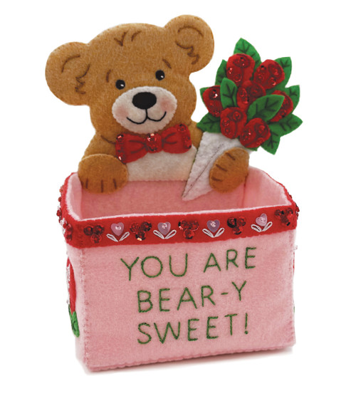 Valentine Bear felt gift basket kit with stitched teddy bear, roses, and personalized felt basket