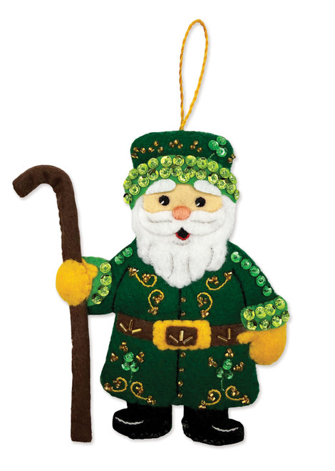 March Santa felt ornament kit in green coat holding staff with gold bead and sequin details