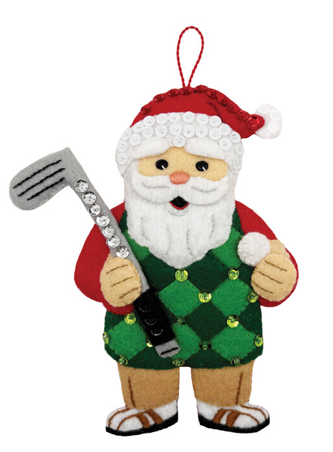 April Santa felt ornament kit holding golf club with green argyle vest and embroidered details