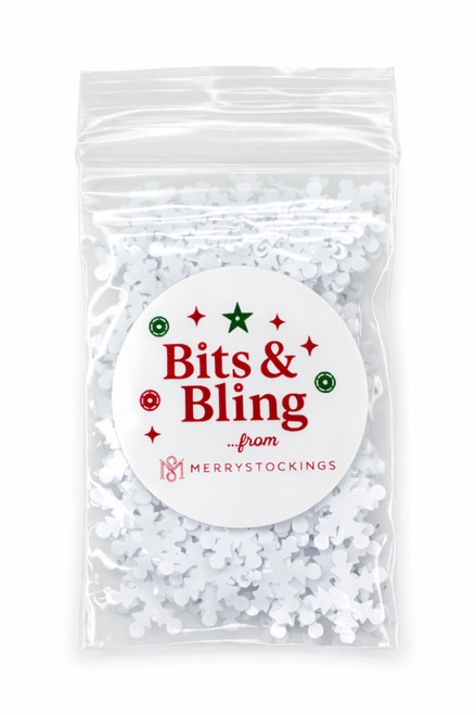 White snowflake craft embellishments in clear zip bag with Bits & Bling from MerryStockings label