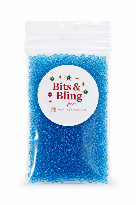 Blue Czech glass seed beads size 10/0 in clear zip bag with Bits & Bling from MerryStockings label