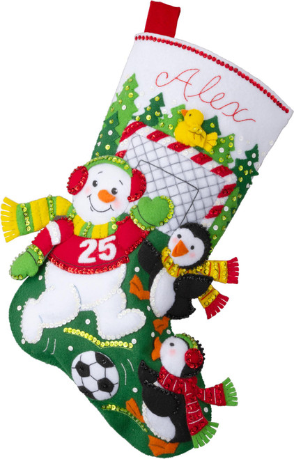 Soccer Snow Day felt stocking kit with snowman, penguins, and soccer ball design
