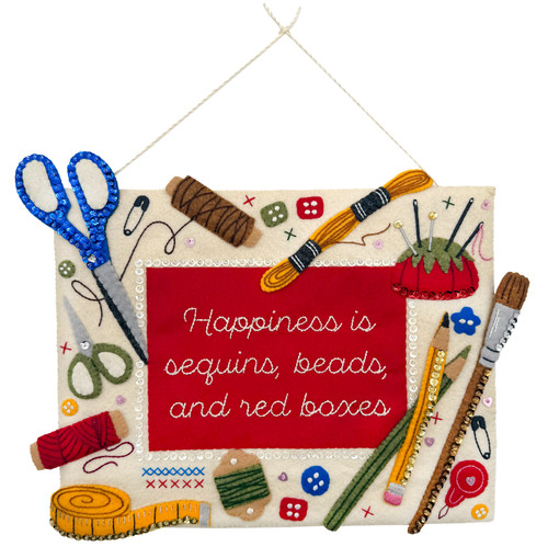Personalized craft room felt wall hanging kit with sewing tools and red center panel