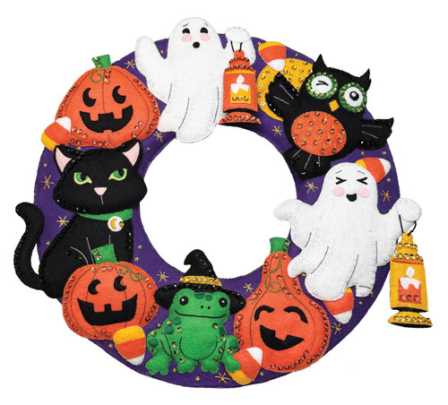 Midnight Mischief Halloween Felt Wreath Kit featuring pumpkins, ghosts, black cat, candy corn, and sequined felt details by MerryStockings.