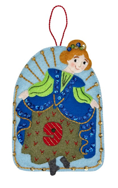 Nine Ladies Dancing felt ornament kit featuring a dancing lady with blue sequins, embroidery, and layered felt details.