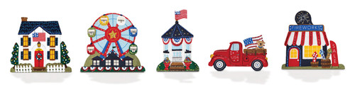 Liberty Lane THE MANTEL SERIES by MerryStockings featuring a Colonial house, Ferris wheel, gazebo, vintage pickup truck, and fireworks shop felt village.