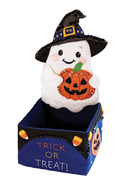 Ghost Halloween felt gift basket filled with candy featuring a smiling ghost wearing a witch hat and holding a jack-o'-lantern by MerryStockings.