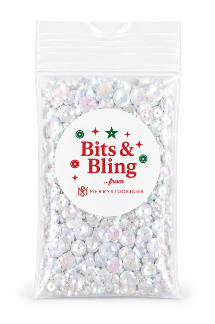 Bits & Bling White Iridescent 5mm cupped sequins from MerryStockings with a pearlescent rainbow shimmer, approximately 1,200 sequins per pack.