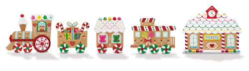 Gingerbread Train Felt Mantel Kit with locomotive candy train cars and gingerbread station