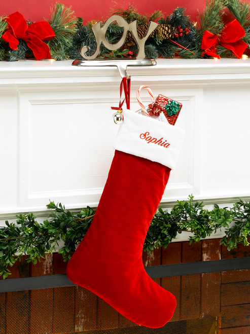 Red Velvet Personalized Christmas Stocking with White Velvet Cuff from MerryStockings