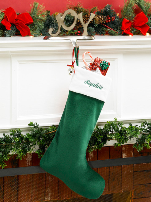Green Velvet Personalized Christmas Stocking with White Velvet Cuff from MerryStockings