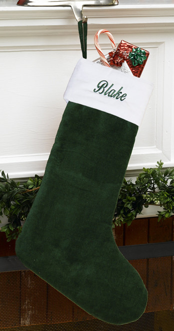 Green Velvet Personalized Christmas Stocking with White Velvet Cuff