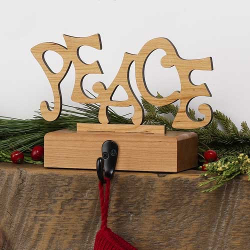 "PEACE" Wood Christmas Stocking Holder | Cherry