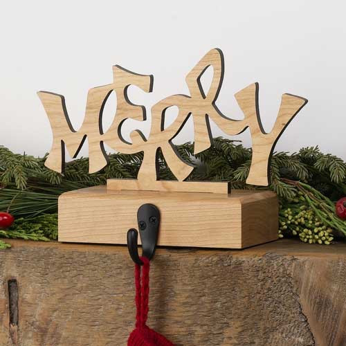 "MERRY" Wood Christmas Stocking Holder | Cherry