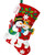 Snowy Sweethearts Bucilla felt Christmas stocking with hugging snowman couple, red background, holly leaves, and white snowflakes.