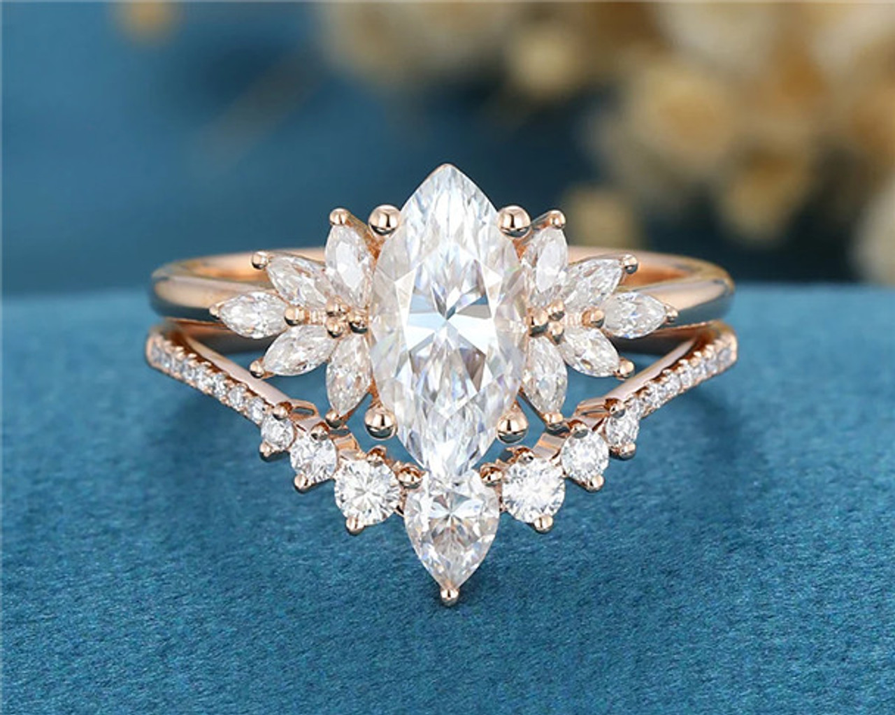 2PCS Marquise cut Cluster Moissanite engagement ring set vintage rose gold  engagement ring set