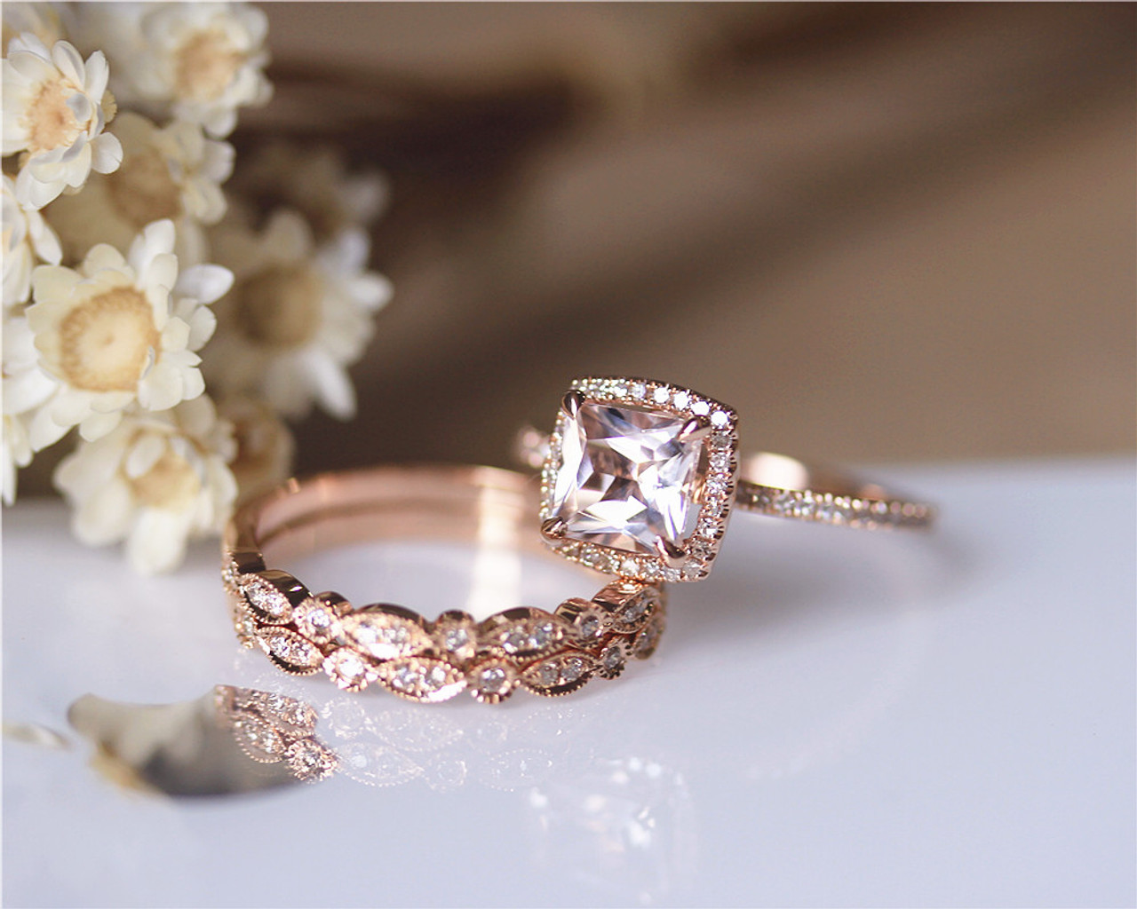 3PCS ring set Princess Cut 14K Rose 