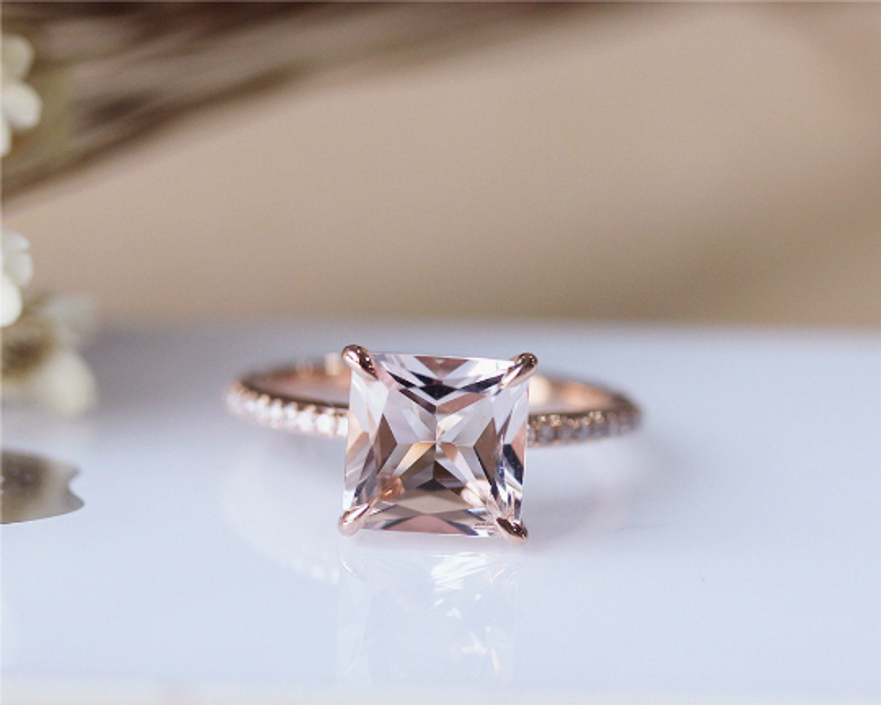 8mm Princess Cut Morganite Ring Solid 