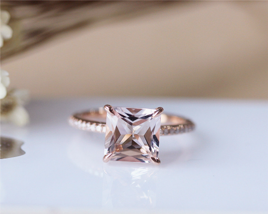 8mm Princess Cut Morganite Ring Solid 14K Rose Gold Morganite Engagement Ring Wedding Ring