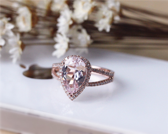 3ct Pear Cut Pink Morganite Ring Solid 14K Rose Gold Morganite