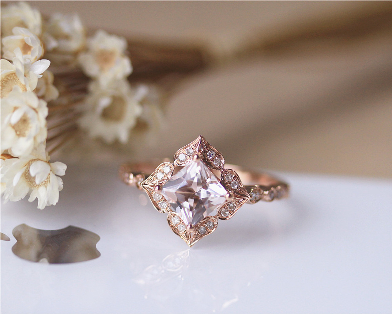 Art Deco 7mm Princess Vintage Floral Morganite Engagement Ring Solid ...