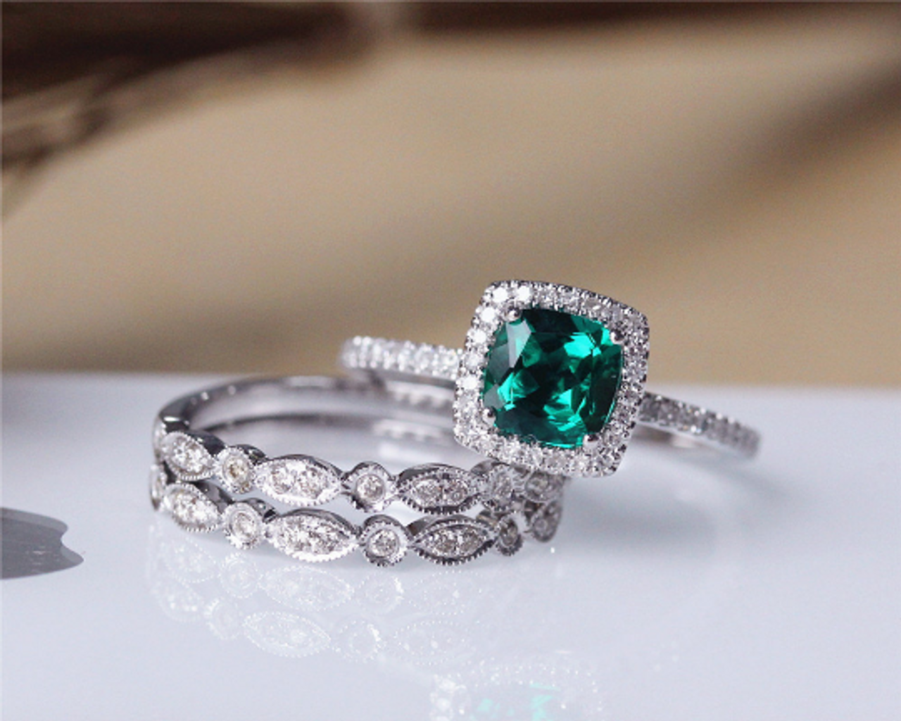 Cushion emerald engagement ring set natural emerald ring for women